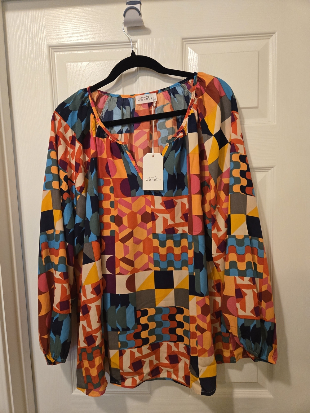 EMILY wonder Multicolor Geometric Peasant Blouse - Orange, Blue, Pink, Yellow